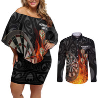 Personalised Aotearoa Darts Couples Matching Off Shoulder Short Dress and Long Sleeve Button Shirt Maori Koru Flaming Dartboard LT14 Black - Polynesian Pride