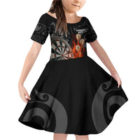 Personalised Aotearoa Darts Family Matching Off Shoulder Short Dress and Hawaiian Shirt Maori Koru Flaming Dartboard