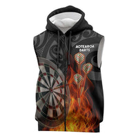 Personalised Aotearoa Darts Sleeveless Zip Hoodie Maori Koru Flaming Dartboard LT14 Black - Polynesian Pride