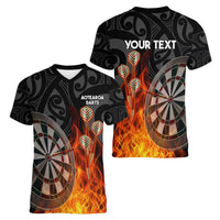 Personalised Aotearoa Darts Women V-Neck T-Shirt Maori Koru Flaming Dartboard