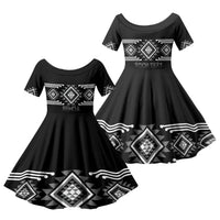 Aotearoa Atua Rehua Personalised Family Matching Off The Shoulder Long Sleeve Dress and Hawaiian Shirt Maori God Of Healing Taniko Motifs LT14 Daughter's Dress Grey - Polynesian Pride