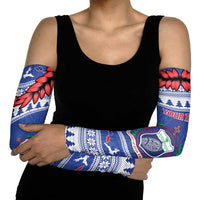 Personalised Toa Samoa Rugby Christmas Arm Sleeves Ula Fala Samoan Pattern Blue - Polynesian Pride