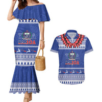 Personalised Toa Samoa Rugby Christmas Couples Matching Mermaid Dress and Hawaiian Shirt Ula Fala Samoan Pattern Blue LT14 Blue - Polynesian Pride