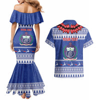Personalised Toa Samoa Rugby Christmas Couples Matching Mermaid Dress and Hawaiian Shirt Ula Fala Samoan Pattern Blue LT14 - Polynesian Pride