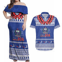 Personalised Toa Samoa Rugby Christmas Couples Matching Off Shoulder Maxi Dress and Hawaiian Shirt Ula Fala Samoan Pattern Blue LT14 Blue - Polynesian Pride