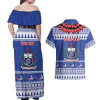 Personalised Toa Samoa Rugby Christmas Couples Matching Off Shoulder Maxi Dress and Hawaiian Shirt Ula Fala Samoan Pattern Blue LT14 - Polynesian Pride