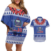 Personalised Toa Samoa Rugby Christmas Couples Matching Off Shoulder Short Dress and Hawaiian Shirt Ula Fala Samoan Pattern Blue LT14 Blue - Polynesian Pride