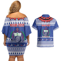 Personalised Toa Samoa Rugby Christmas Couples Matching Off Shoulder Short Dress and Hawaiian Shirt Ula Fala Samoan Pattern Blue - Polynesian Pride