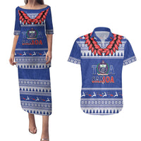 Personalised Toa Samoa Rugby Christmas Couples Matching Puletasi and Hawaiian Shirt Ula Fala Samoan Pattern Blue LT14 Blue - Polynesian Pride