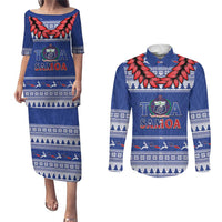 Personalised Toa Samoa Rugby Christmas Couples Matching Puletasi and Long Sleeve Button Shirt Ula Fala Samoan Pattern Blue LT14 Blue - Polynesian Pride