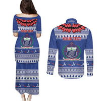 Personalised Toa Samoa Rugby Christmas Couples Matching Puletasi and Long Sleeve Button Shirt Ula Fala Samoan Pattern Blue LT14 - Polynesian Pride