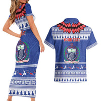 Personalised Toa Samoa Rugby Christmas Couples Matching Short Sleeve Bodycon Dress and Hawaiian Shirt Ula Fala Samoan Pattern Blue - Polynesian Pride