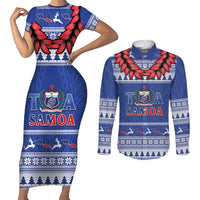 Personalised Toa Samoa Rugby Christmas Couples Matching Short Sleeve Bodycon Dress and Long Sleeve Button Shirt Ula Fala Samoan Pattern Blue LT14 Blue - Polynesian Pride