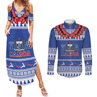 Personalised Toa Samoa Rugby Christmas Couples Matching Summer Maxi Dress and Long Sleeve Button Shirt Ula Fala Samoan Pattern Blue LT14 Blue - Polynesian Pride