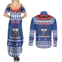 Personalised Toa Samoa Rugby Christmas Couples Matching Summer Maxi Dress and Long Sleeve Button Shirt Ula Fala Samoan Pattern Blue LT14 - Polynesian Pride