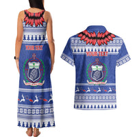 Personalised Toa Samoa Rugby Christmas Couples Matching Tank Maxi Dress and Hawaiian Shirt Ula Fala Samoan Pattern Blue LT14 - Polynesian Pride