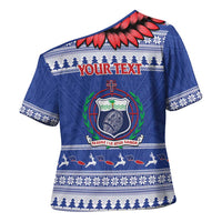 Personalised Toa Samoa Rugby Christmas Cross Shoulder Shirt Ula Fala Samoan Pattern Blue LT14 - Polynesian Pride