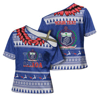 Personalised Toa Samoa Rugby Christmas Cross Shoulder Shirt Ula Fala Samoan Pattern Blue LT14 - Polynesian Pride