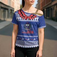 Personalised Toa Samoa Rugby Christmas Cross Shoulder Shirt Ula Fala Samoan Pattern Blue - Polynesian Pride