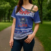 Personalised Toa Samoa Rugby Christmas Cross Shoulder Shirt Ula Fala Samoan Pattern Blue LT14 - Polynesian Pride