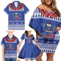 Personalised Toa Samoa Rugby Christmas Family Matching Off Shoulder Short Dress and Hawaiian Shirt Ula Fala Samoan Pattern Blue - Polynesian Pride