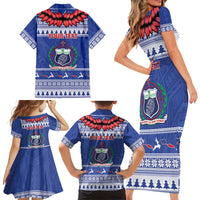 Personalised Toa Samoa Rugby Christmas Family Matching Short Sleeve Bodycon Dress and Hawaiian Shirt Ula Fala Samoan Pattern Blue - Polynesian Pride