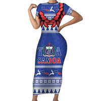 Personalised Toa Samoa Rugby Christmas Family Matching Short Sleeve Bodycon Dress and Hawaiian Shirt Ula Fala Samoan Pattern Blue - Polynesian Pride