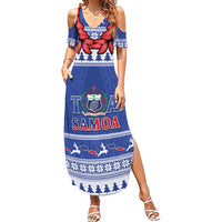 Personalised Toa Samoa Rugby Christmas Family Matching Summer Maxi Dress and Hawaiian Shirt Ula Fala Samoan Pattern Blue LT14 Mom's Dress Blue - Polynesian Pride