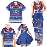 Personalised Toa Samoa Rugby Christmas Family Matching Tank Maxi Dress and Hawaiian Shirt Ula Fala Samoan Pattern Blue - Polynesian Pride