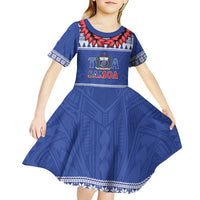 Personalised Toa Samoa Rugby Christmas Kid Short Sleeve Dress Ula Fala Samoan Pattern Blue LT14 - Polynesian Pride