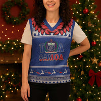 Personalised Toa Samoa Rugby Christmas Knitted V-Neck Vest Ula Fala Samoan Pattern Blue - Polynesian Pride
