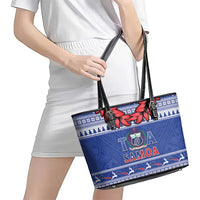 Toa Samoa Rugby Christmas Leather Tote Bag Ula Fala Samoan Pattern Blue - Polynesian Pride