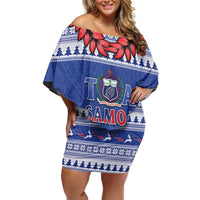 Personalised Toa Samoa Rugby Christmas Off Shoulder Short Dress Ula Fala Samoan Pattern Blue - Polynesian Pride