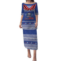 Personalised Toa Samoa Rugby Christmas Puletasi Ula Fala Samoan Pattern Blue LT14 Long Dress Blue - Polynesian Pride