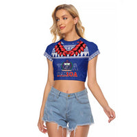 Personalised Toa Samoa Rugby Christmas Raglan Cropped T Shirt Ula Fala Samoan Pattern Blue LT14 Female Blue - Polynesian Pride