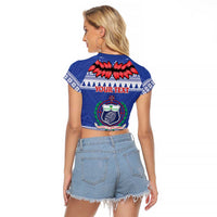 Personalised Toa Samoa Rugby Christmas Raglan Cropped T Shirt Ula Fala Samoan Pattern Blue LT14 - Polynesian Pride