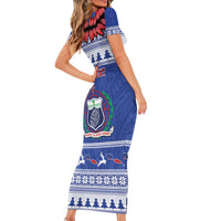 Personalised Toa Samoa Rugby Christmas Short Sleeve Bodycon Dress Ula Fala Samoan Pattern Blue LT14 - Polynesian Pride