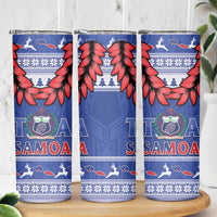 Toa Samoa Rugby Christmas Skinny Tumbler Ula Fala Samoan Pattern Blue - Polynesian Pride