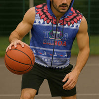 Personalised Toa Samoa Rugby Christmas Sleeveless Zip Hoodie Ula Fala Samoan Pattern Blue LT14 - Polynesian Pride