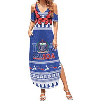 Personalised Toa Samoa Rugby Christmas Summer Maxi Dress Ula Fala Samoan Pattern Blue LT14 Women Blue - Polynesian Pride