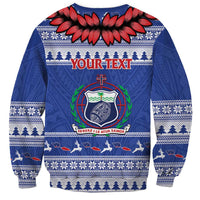 Personalised Toa Samoa Rugby Christmas Sweatshirt Ula Fala Samoan Pattern Blue - Polynesian Pride