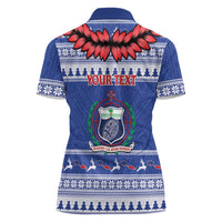 Personalised Toa Samoa Rugby Christmas Women Polo Shirt Ula Fala Samoan Pattern Blue LT14 - Polynesian Pride