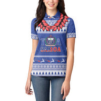 Personalised Toa Samoa Rugby Christmas Women Polo Shirt Ula Fala Samoan Pattern Blue LT14 - Polynesian Pride