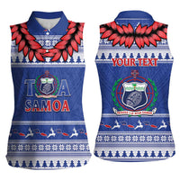Personalised Toa Samoa Rugby Christmas Women Sleeveless Polo Shirt Ula Fala Samoan Pattern Blue - Polynesian Pride