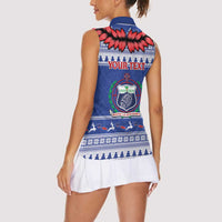 Personalised Toa Samoa Rugby Christmas Women Sleeveless Polo Shirt Ula Fala Samoan Pattern Blue - Polynesian Pride