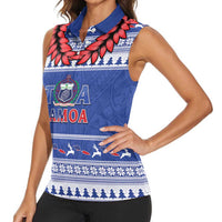 Personalised Toa Samoa Rugby Christmas Women Sleeveless Polo Shirt Ula Fala Samoan Pattern Blue - Polynesian Pride