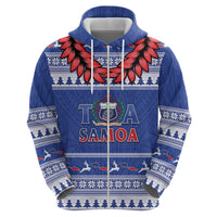 Personalised Toa Samoa Rugby Christmas Zip Hoodie Ula Fala Samoan Pattern Blue - Polynesian Pride