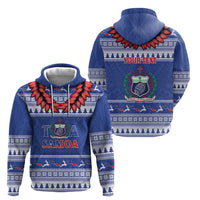 Personalised Toa Samoa Rugby Christmas Zip Hoodie Ula Fala Samoan Pattern Blue - Polynesian Pride