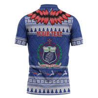 Personalised Toa Samoa Rugby Christmas Zipper Polo Shirt Ula Fala Samoan Pattern Blue LT14 - Polynesian Pride