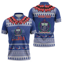 Personalised Toa Samoa Rugby Christmas Zipper Polo Shirt Ula Fala Samoan Pattern Blue LT14 - Polynesian Pride